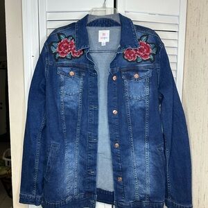 LuLaRoe Blue Denim Jacket with Floral Embroidery